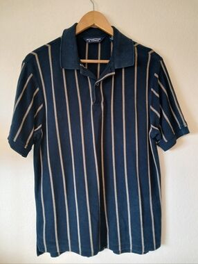 Vintage Roundtree And Yorke Navy Blue Striped Polo Shirt